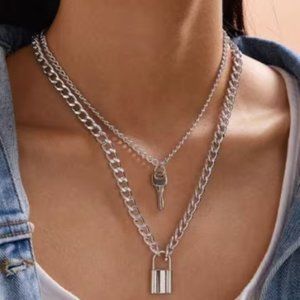 Grunge Chain Necklace. Lock and Key Chain Necklace. Grunge Punk Layered Necklace